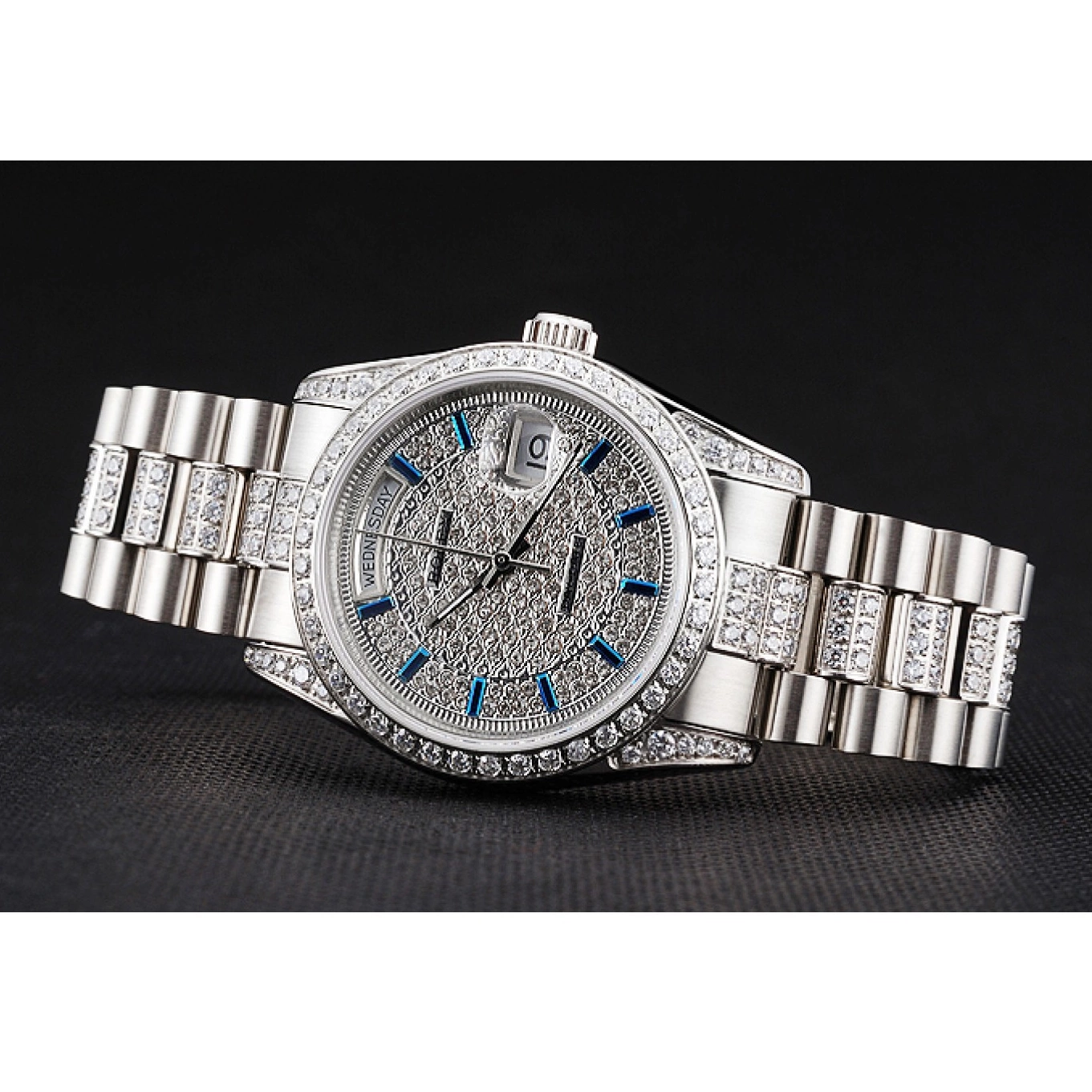 AAA replica watch Swiss Rolex Dial Stainless And Day Diamond And Steel Bezel Date Pave Bracelet 0721